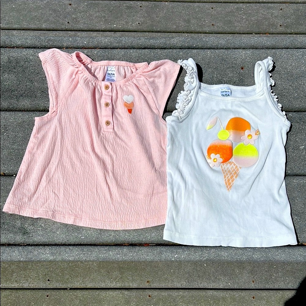 Carter's Girl’s Tank Top Bundle, Pink and White with Ice Cream Print, Size 5T